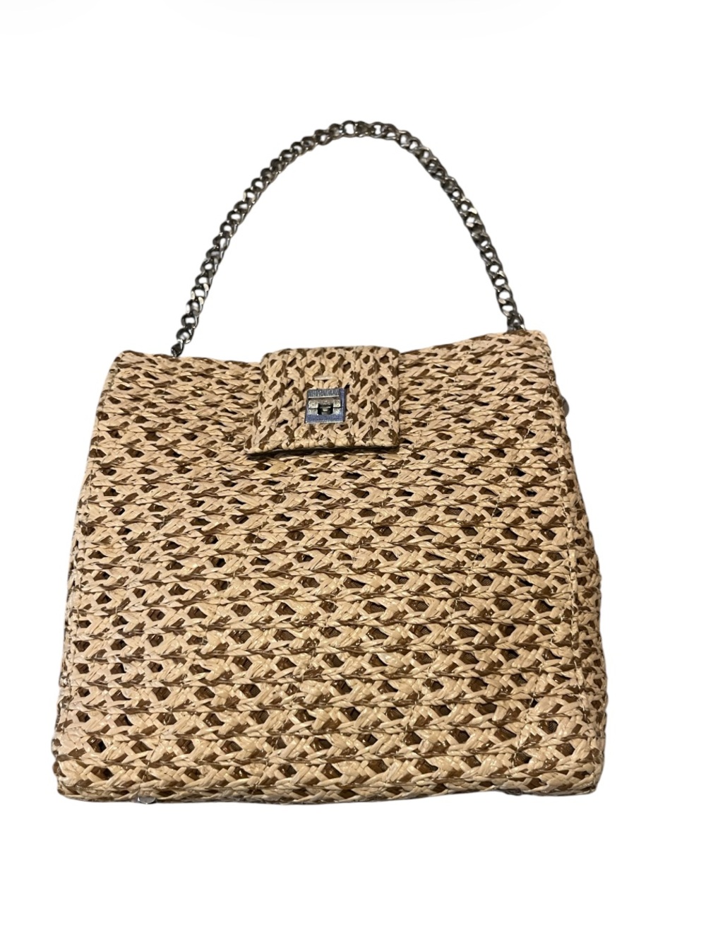 Eric Javits Chain Strap Neutral Woven Rattan Bag